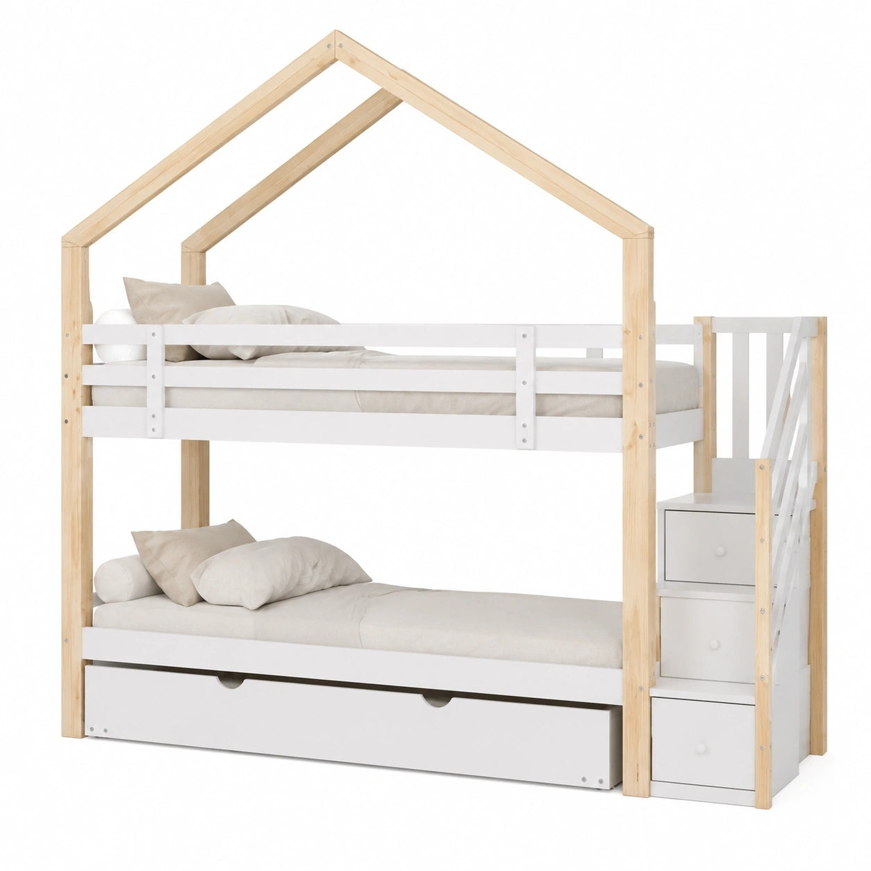 Merax Kinder-Etagenbett Baumhaus-Design, mit ausziehbarem Bett und Sicherheit, natur/weiß, 90x200cm + 90x190cm