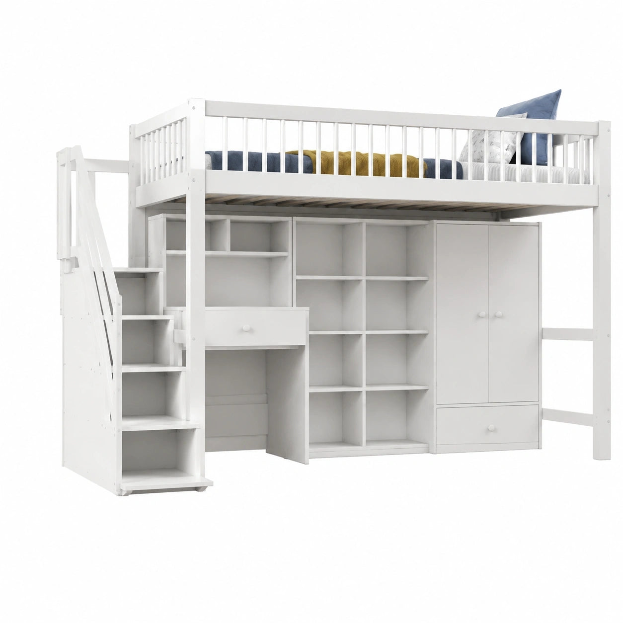 Multifunktionales Hochbett für Kinder 90x200 cm, Weiß, mit Schreibtisch und Stauraum