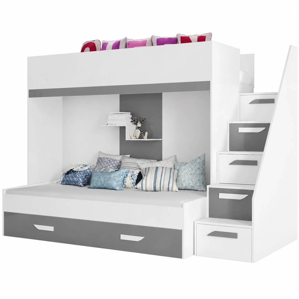Vielseitiges Hochbett für Kinder und Jugendliche mit Stauraum und integriertem Schreibtisch - Weiß/Grau - 247x135x165 cm