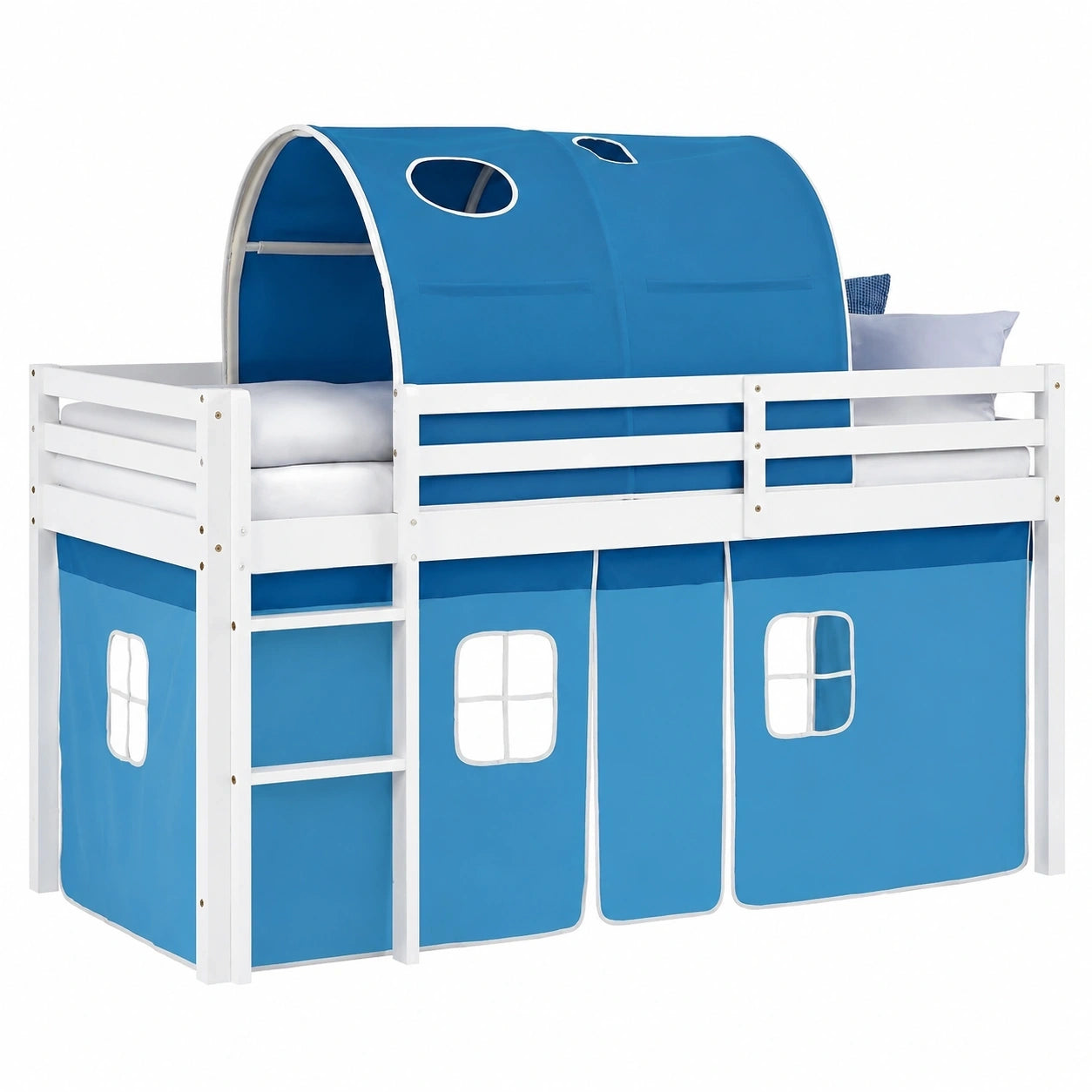 Kinderhochbett aus Kiefernholz 90x200 cm mit Vorhang und Rausfallschutz, hellblau
