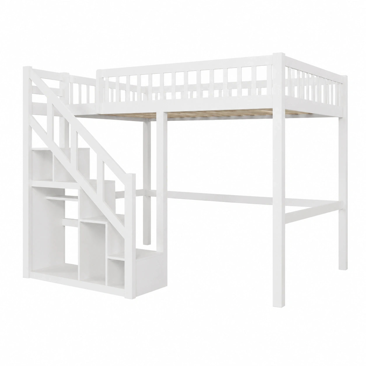 Hochbett für Jugendliche 90x200 cm mit Stauraumtreppe und Kleiderschrank, weiß, Massivholz und MDF