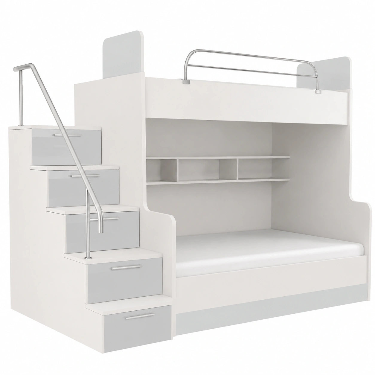 Kinder Hochbett TOMI 2 mit Treppe und Stauraum, Weiß, Links
