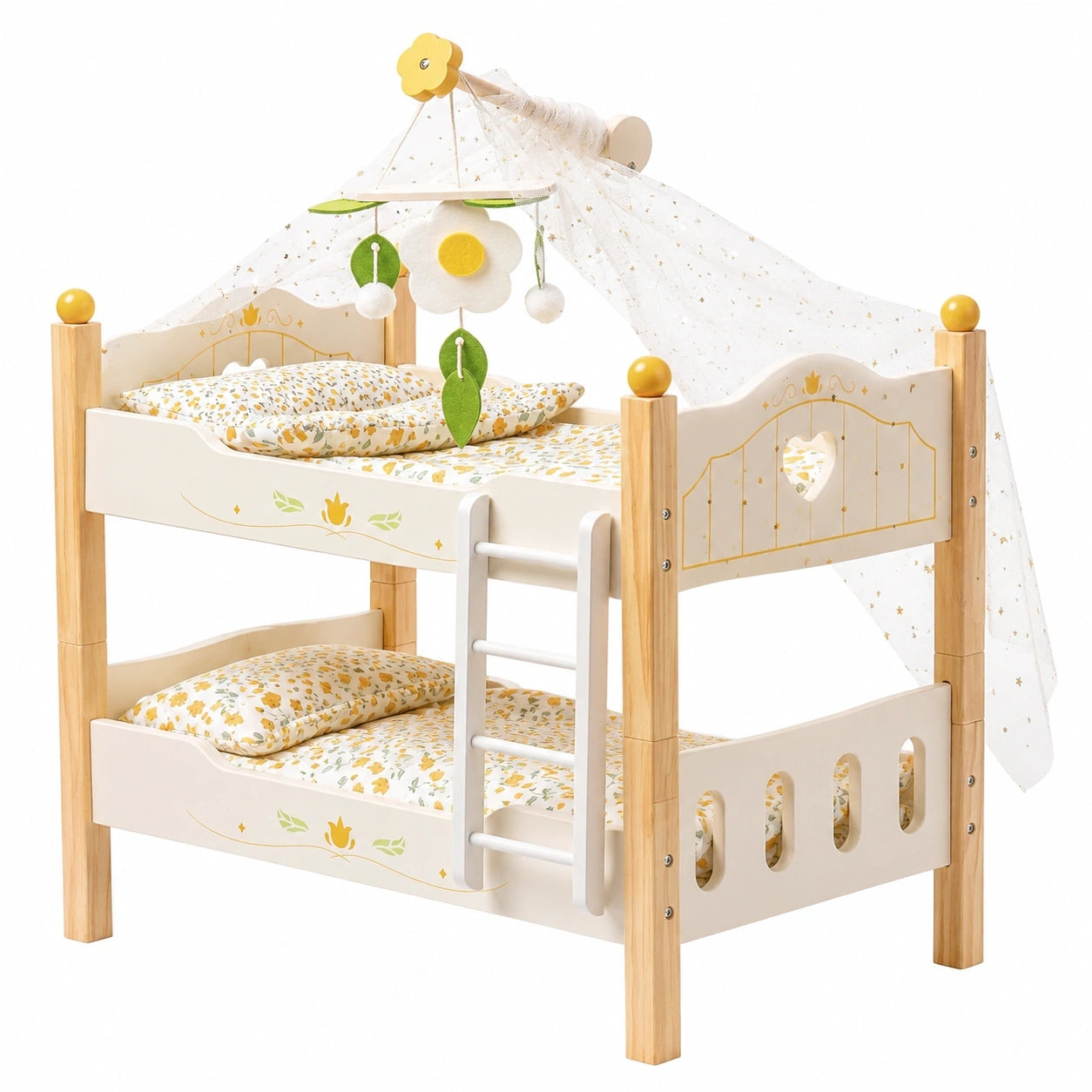 Holzpuppen-Etagenbett für 18-Zoll-Puppen mit Leiter und Bettzeug, umbaubar und stapelbar, ideales Geschenk für Kinder