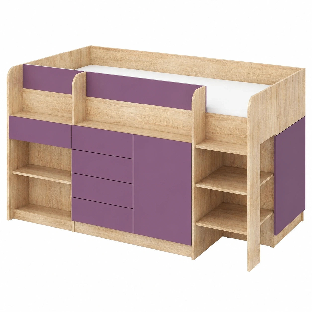 Hochbett Smile P mit Schreibtisch und Stauraum, Kinderzimmermöbel-Set in Sonoma-Eiche/Violett