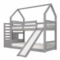 Soweiz Hausbett für Kinder und Jugendliche, Etagenbett mit Rutsche und Treppe, Stauraum, 90x200cm, Grau