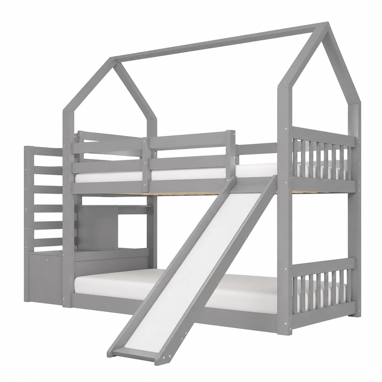 Soweiz Hausbett für Kinder und Jugendliche, Etagenbett mit Rutsche und Treppe, Stauraum, 90x200cm, Grau