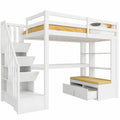 Multifunktionales Hochbett 90x200 für Kinder, mit LED, USB-Anschluss, Schreibtisch und Stauraum, Kiefernholz, Weiß