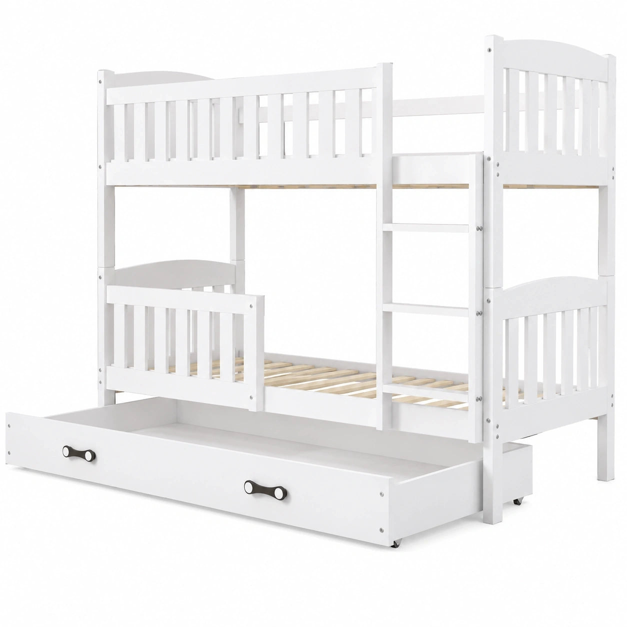 Robustes dreistöckiges Kinderbett aus Kiefernholz, 200x90 cm, mit zusätzlicher Schlafschublade und Rausfallschutz, in Weiß