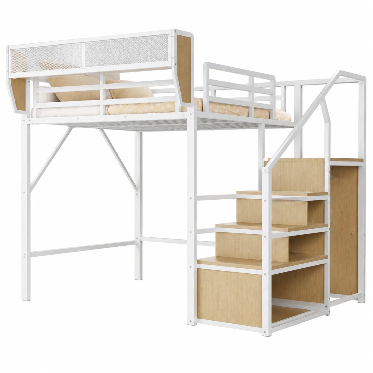 Hochbett 140x200 cm mit Sicherheitsleiter und Stauraum, Metall-Etagenbett für Erwachsene und Kinder, Weiß