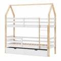 Hausförmiges Kinderbett 90x200 cm mit großer Schublade aus Kiefernholz, Hoch- und Etagenbett in Weiß und Holzoptik