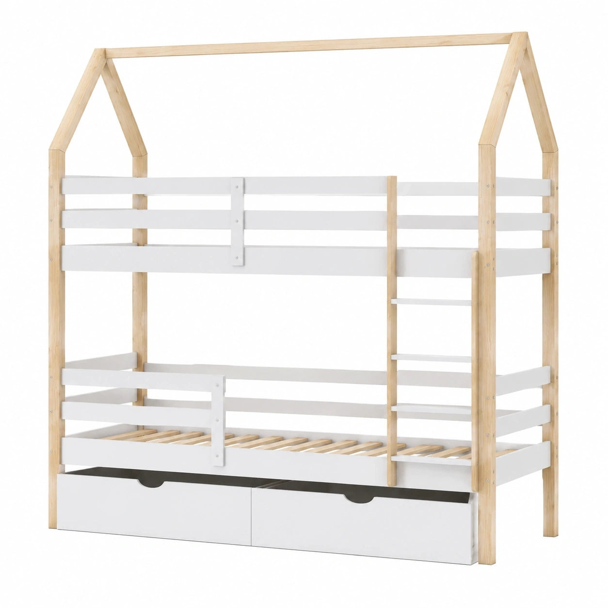 Hausförmiges Kinderbett 90x200 cm mit großer Schublade aus Kiefernholz, Hoch- und Etagenbett in Weiß und Holzoptik