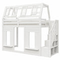 Etagenbett 90x200 cm mit LED-Beleuchtung und Stauraumtreppe, kindersicher, Fensterdesign, Weiß
