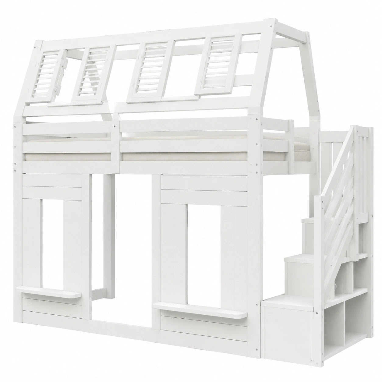 Etagenbett 90x200 cm mit LED-Beleuchtung und Stauraumtreppe, kindersicher, Fensterdesign, Weiß