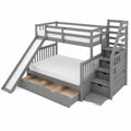 Platzsparendes Etagenbett für 3 Kinder mit Rutsche und Stauraum, 90x200cm + 140x200cm, Grau, ohne Matratze