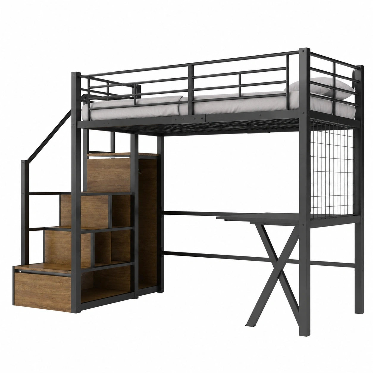 Metall-Hochbett für Jugendliche 90x200 mit LED, Schrank & Schreibtisch, Schwarz