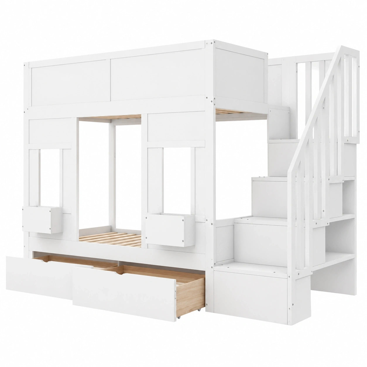 Kinder-Etagenbett mit Stauraumtreppe und Schubladen, 90x200 cm, Hochbett aus Holz mit Fenstern und Sicherheitsgeländer, Platzsparendes Design für Jungen und Mädchen (Weiß)