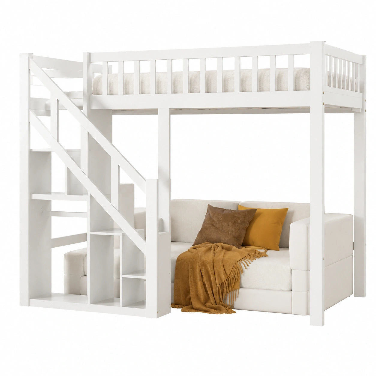 Praktisches Etagenbett mit Treppe und Stauraum, 140 x 200 cm, sicheres Hochbett für Kinder