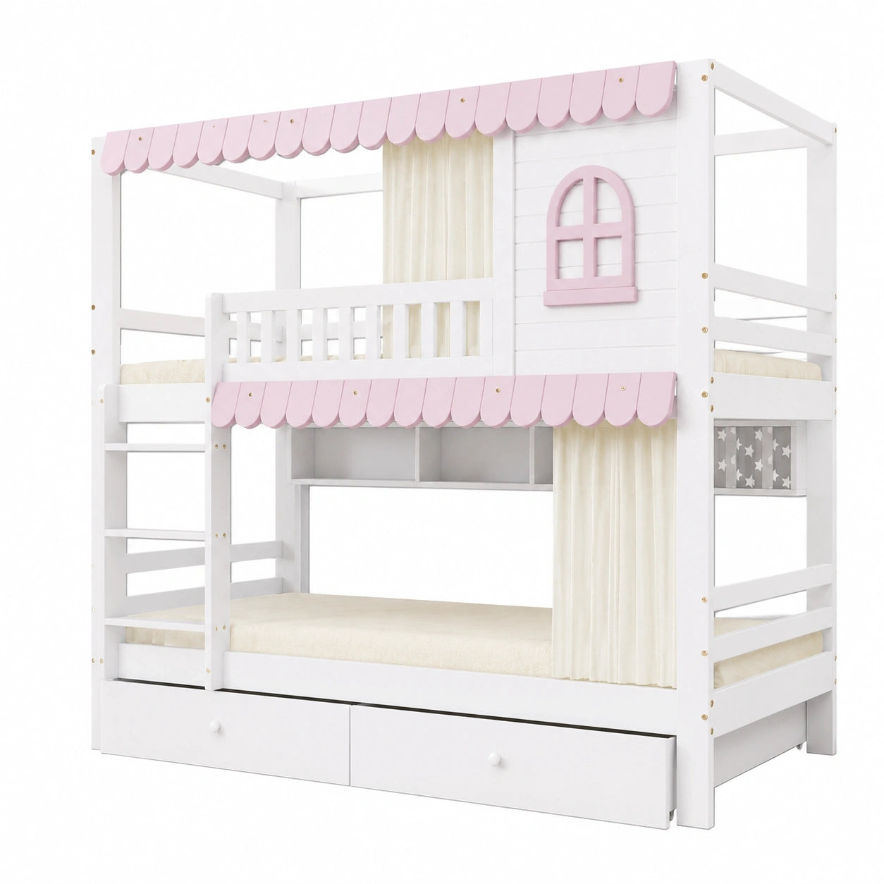 Kinder Hochbett 90x200 mit Regal und Schubladen, Spielbett mit Fenster und Vorhängen, Etagenbett für zwei, Sicherheitsschutz und Lattenrost, Weiß-Rosa