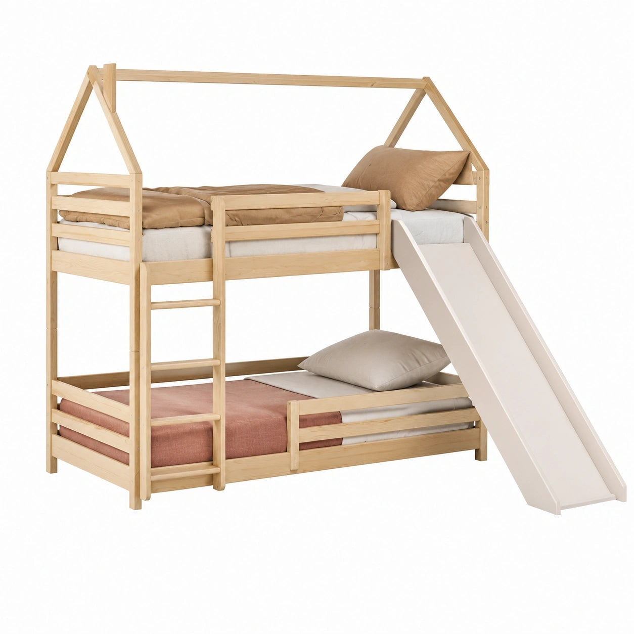 Kinderhochbett mit Rutsche und Sicherheitsleiter 90x200cm aus Naturholz für Kinder von 4 bis 18 Jahren