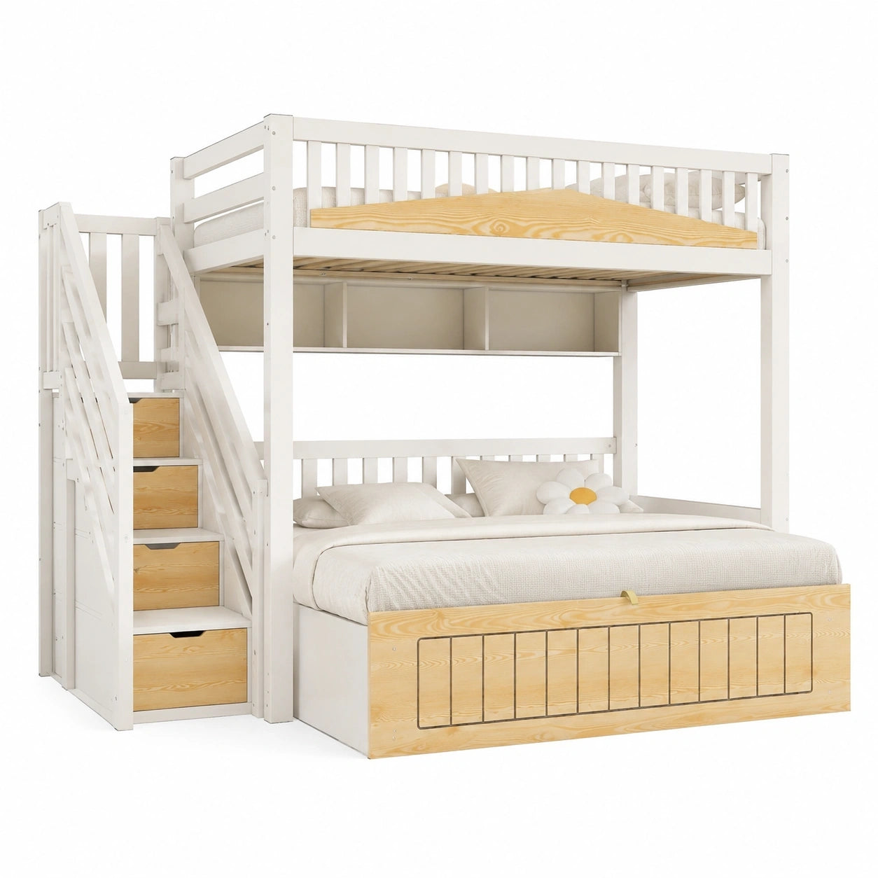 Familien-Etagenbett aus Holz für Kinder 90x200 & 140x200 cm mit Stauraum und Treppenschrank, Sicherheitsgeländer und USB-C-Anschluss, Weiß & Natur, ohne Matratze