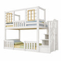Hüttenstil Etagenbett 90x200 cm Weiß mit Treppenregal und Holzfenstern, Kinder-Stockbett inklusive Lattenrost, EN 747 zertifiziert, ohne Matratze