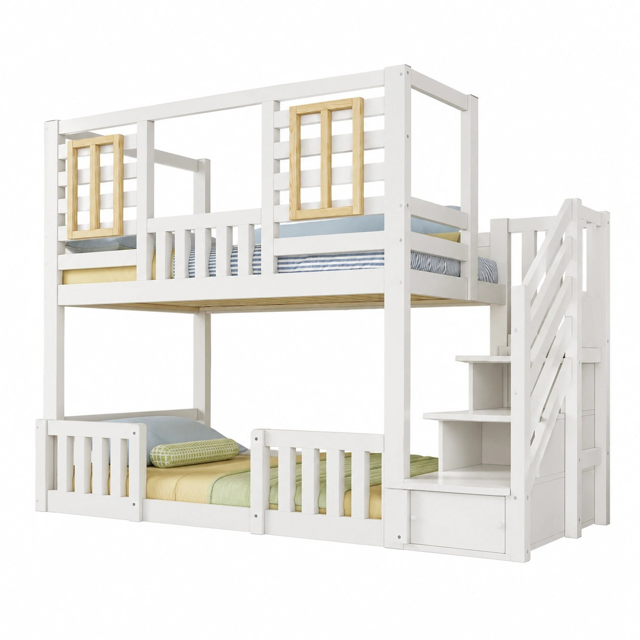 Hüttenstil Etagenbett 90x200 cm Weiß mit Treppenregal und Holzfenstern, Kinder-Stockbett inklusive Lattenrost, EN 747 zertifiziert, ohne Matratze