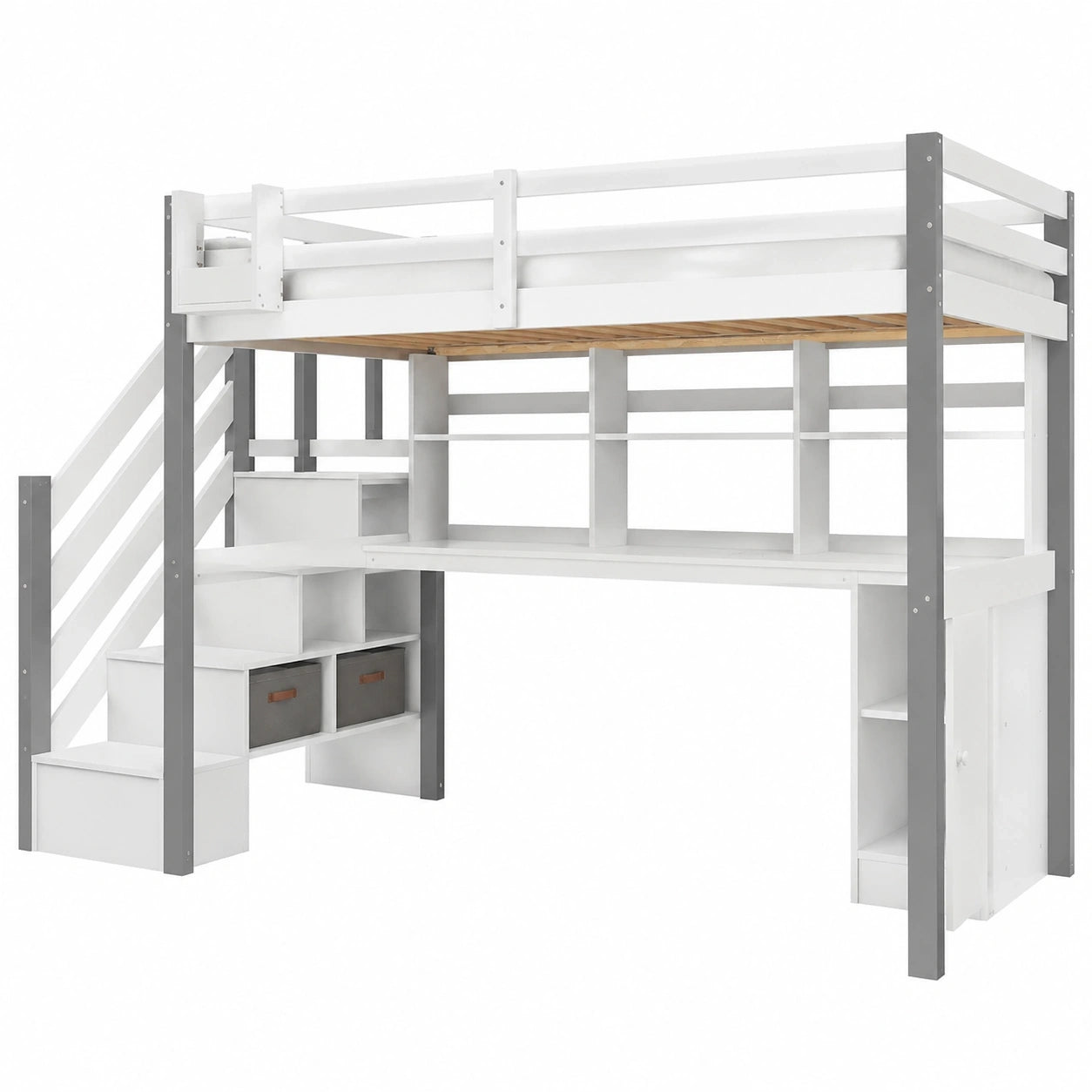 Robustes Merax Etagenbett 90x200 cm mit Rausfallschutz, Treppe und Schreibtisch, platzsparendes Kinder- und Jugendbett in Weiß und Grau