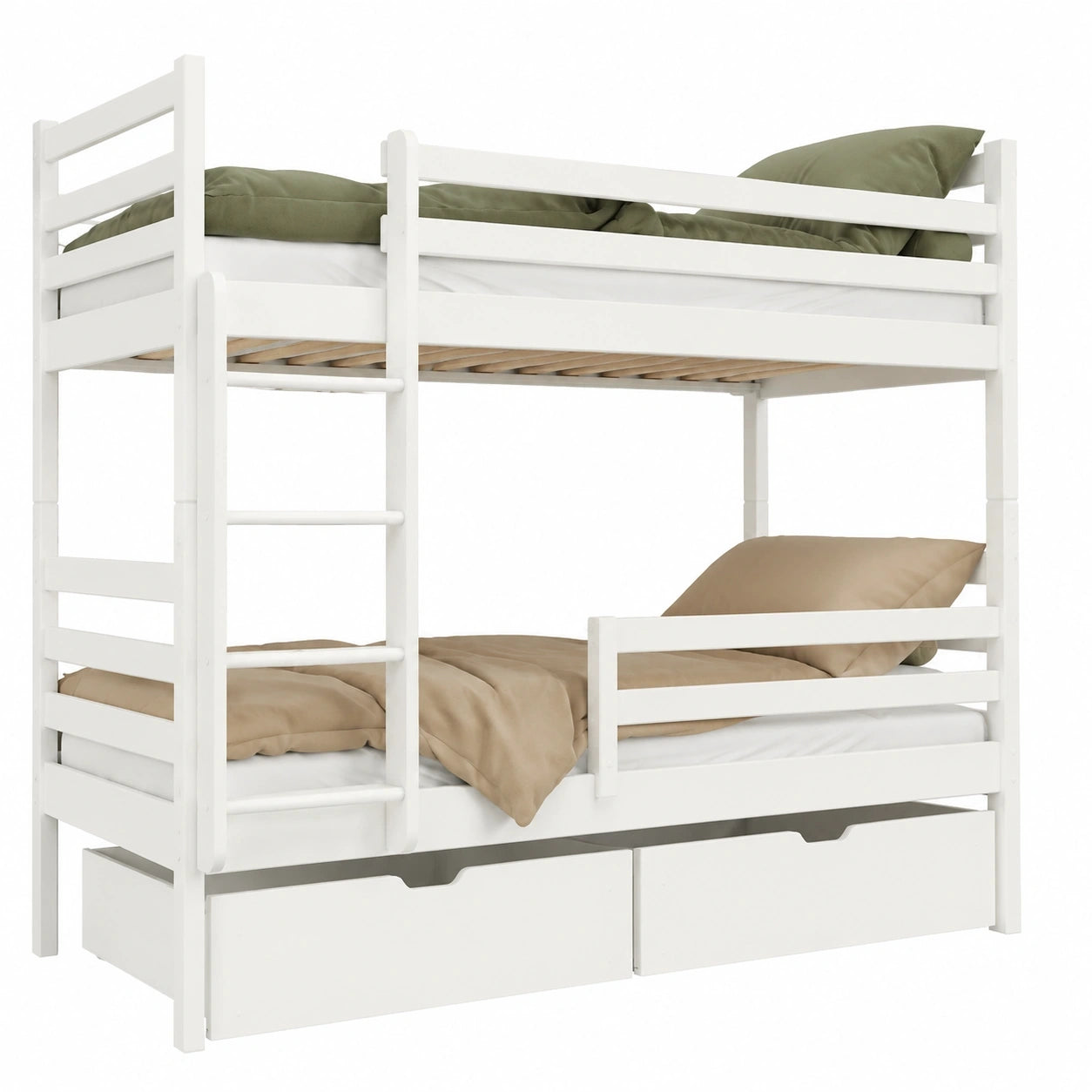 Massives Hochbett 90x200 cm mit Schubladen und Rausfallschutz, wandelbar zu Einzelbetten, weißes Kinderbett aus Vollholz