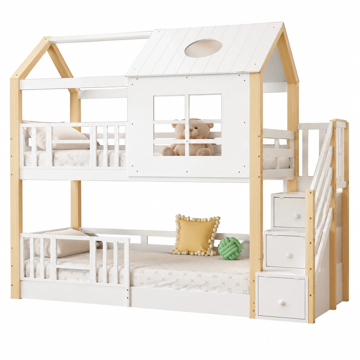 Kinder-Etagenbett Hausdesign 90x200 mit Leiter und Fallschutz