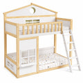 Kinderhausbett mit Treppe und Rausfallschutz, Kiefernholzrahmen, Weiß/Natur, 90x200 cm
