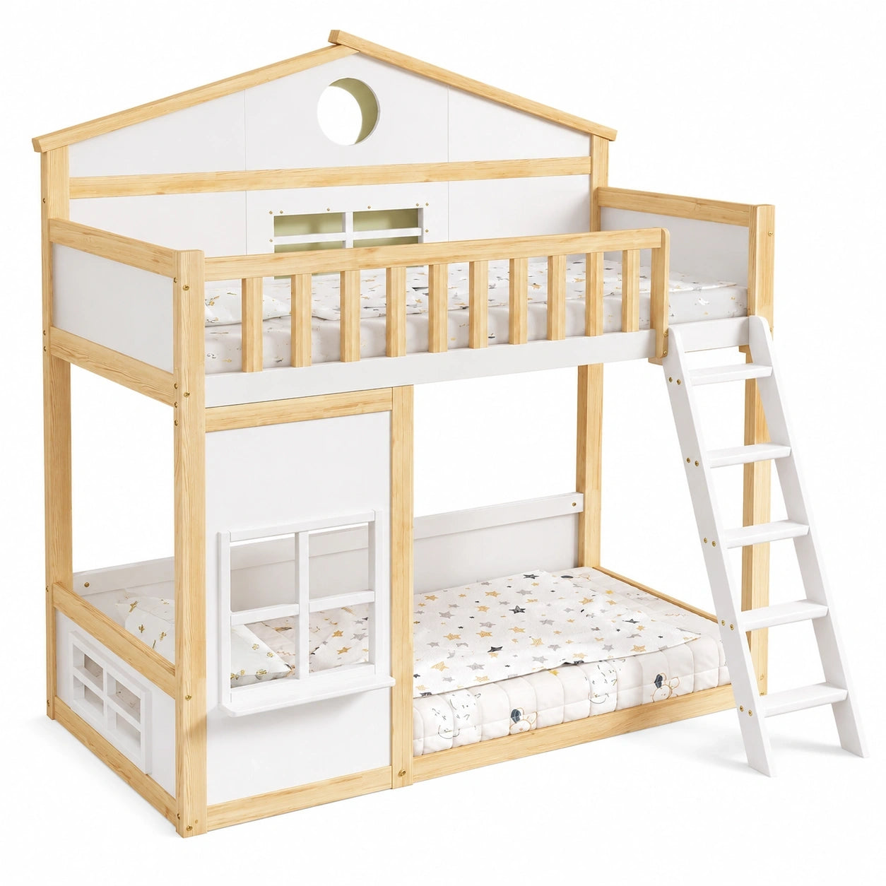 Kinderhausbett mit Treppe und Rausfallschutz, Kiefernholzrahmen, Weiß/Natur, 90x200 cm