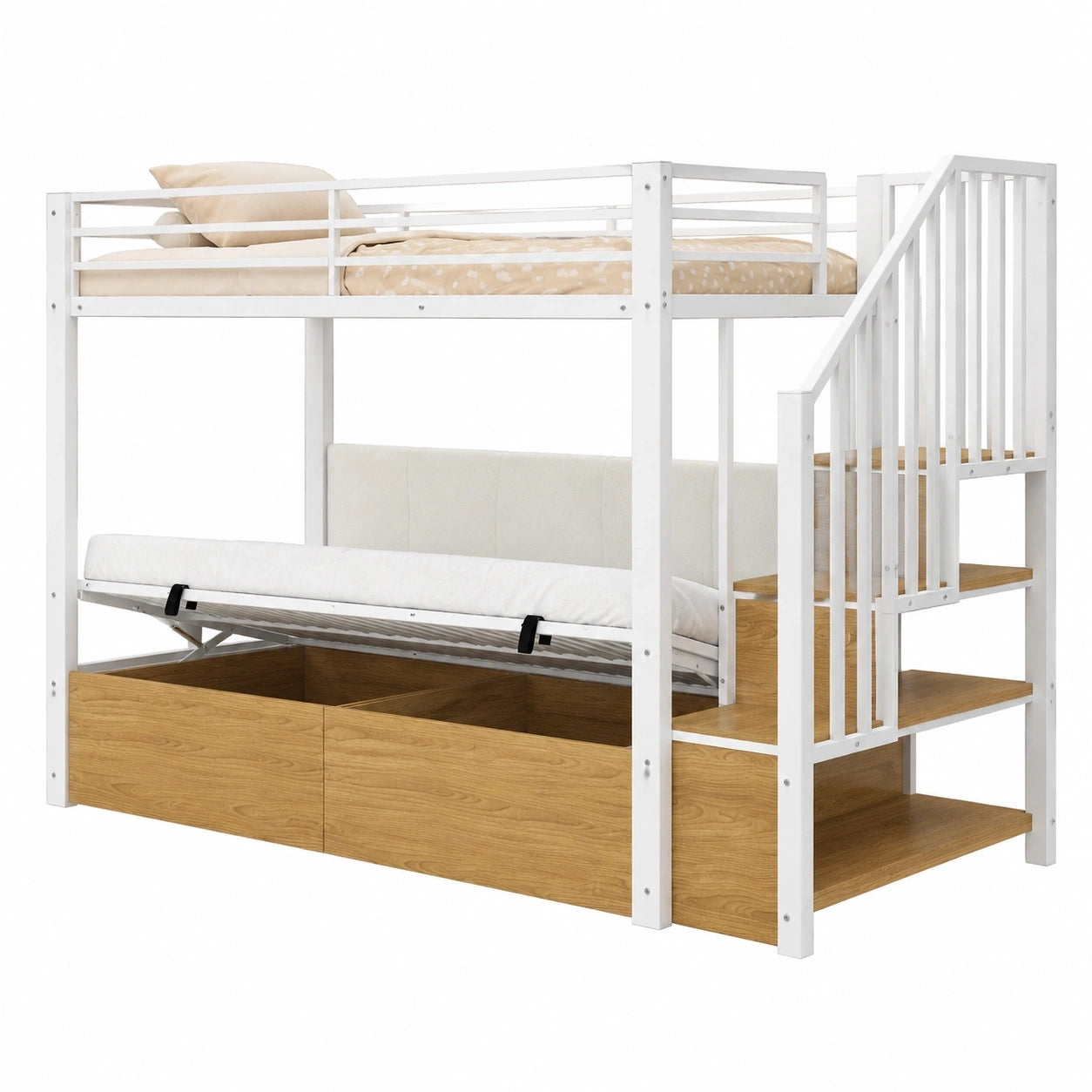 Robustes Hochbett 90x200 aus Metall mit PU-Polsterung und flexibler Stauraumtreppe, Weiß