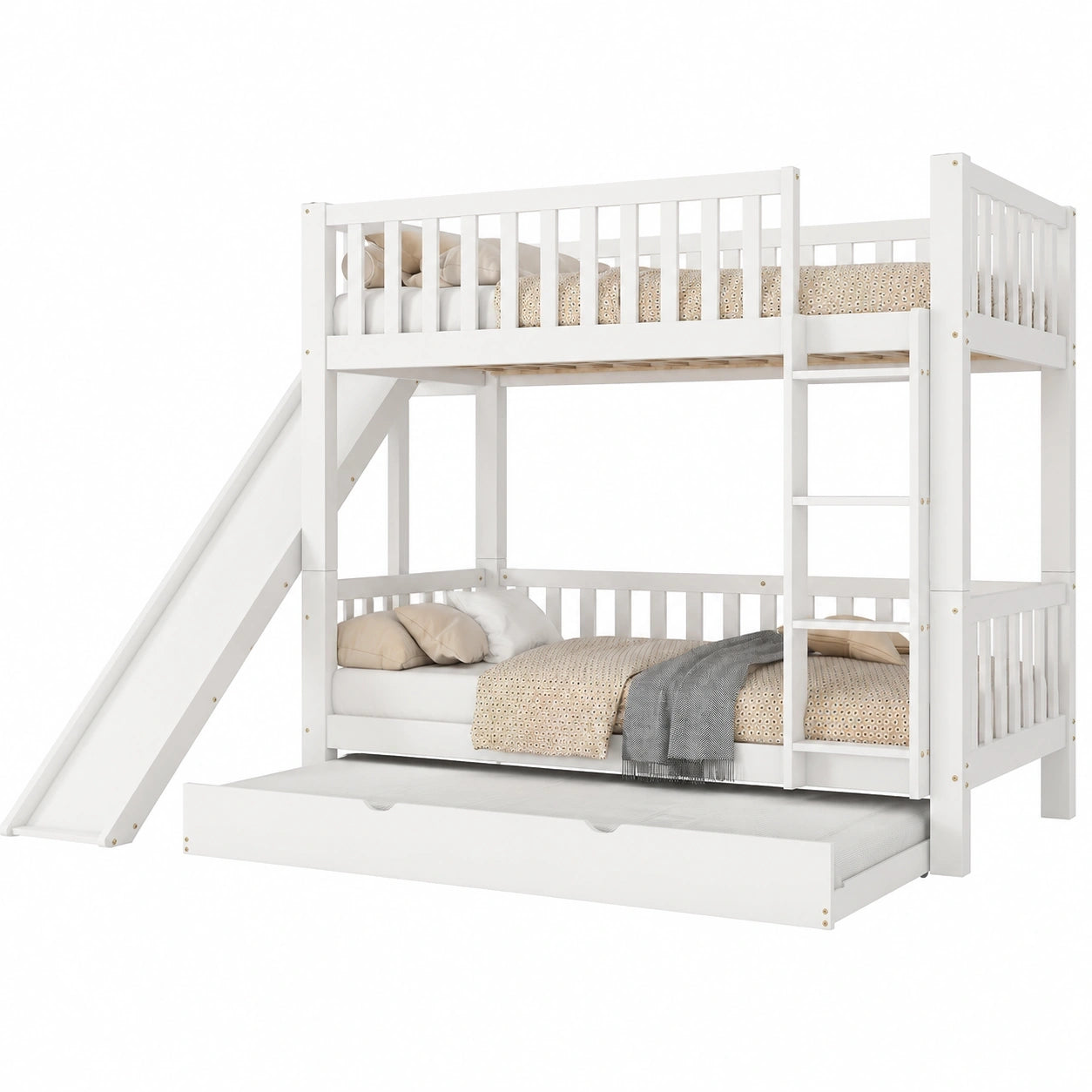 Merax Etagenbett für Kinder mit Rutsche und Stauraum, 3-in-1 Hochbett, Weiß, 90x200/190 cm