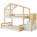Gegtuon Haus-Etagenbett für Kinder, 90x200 & 140x200 cm, mit Stauraum, Treppe und Fenster, Hochbett aus Holz, mit Lattenrost und Rausfallschutz, ohne Matratze, Natur