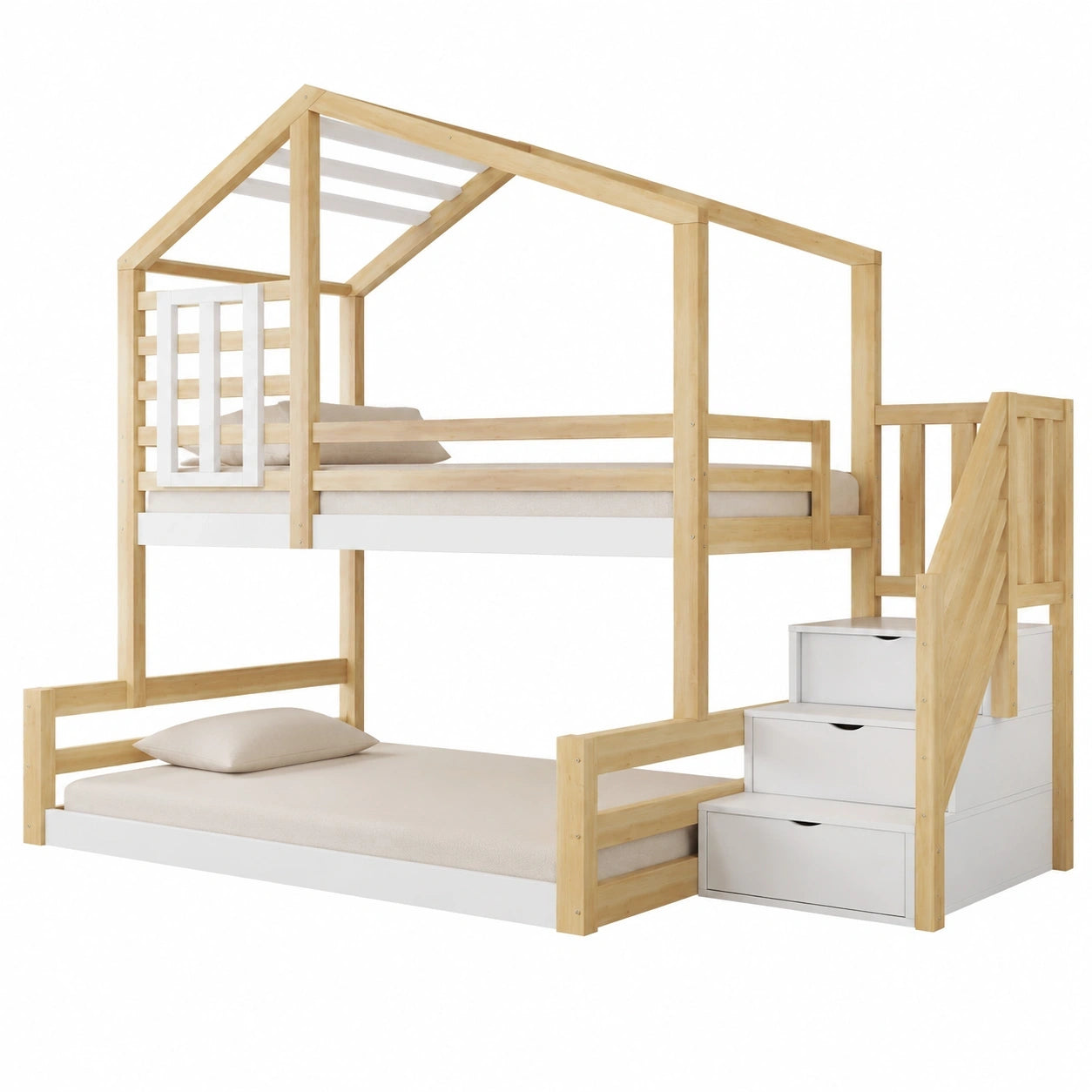 Gegtuon Haus-Etagenbett für Kinder, 90x200 & 140x200 cm, mit Stauraum, Treppe und Fenster, Hochbett aus Holz, mit Lattenrost und Rausfallschutz, ohne Matratze, Natur