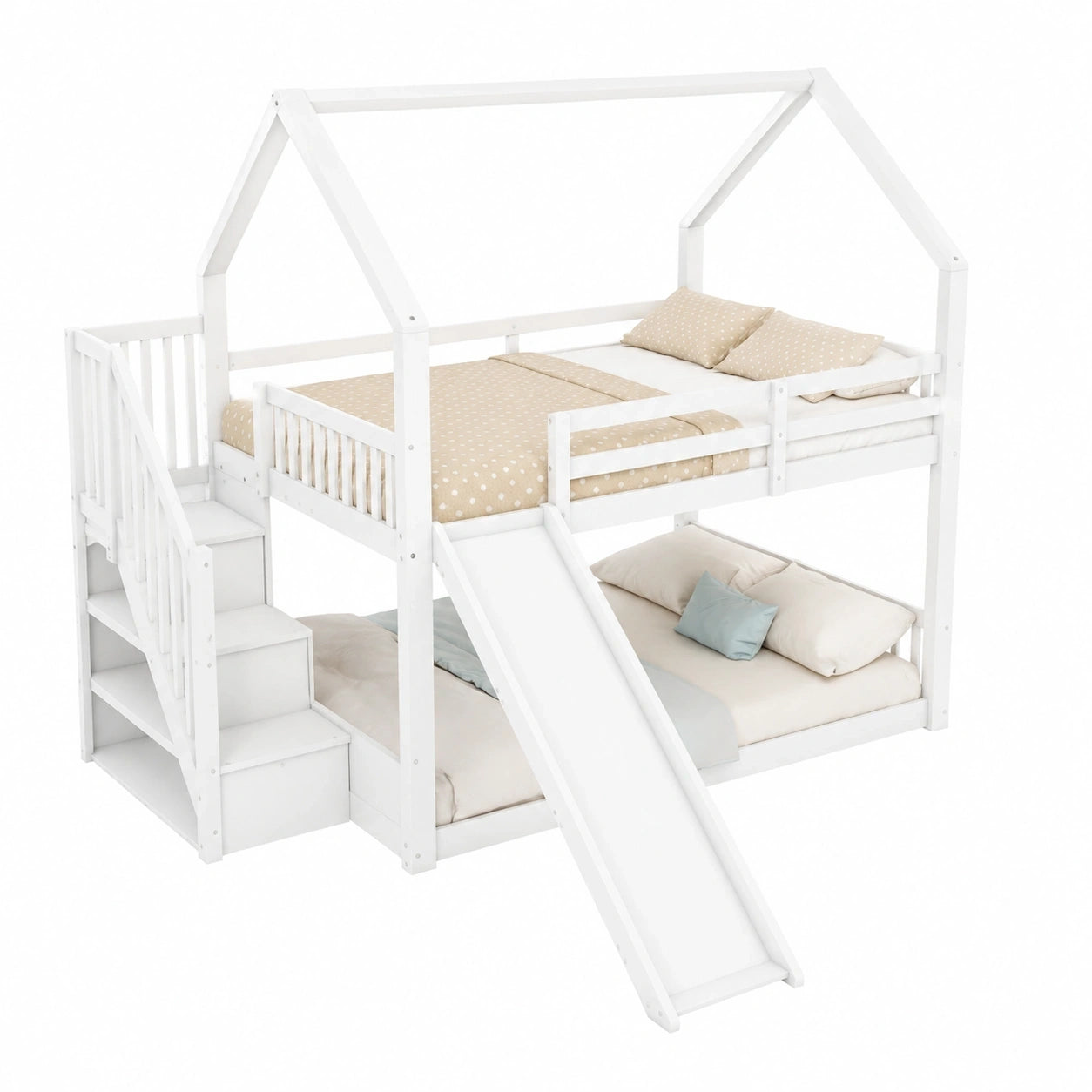 Mehrzweck-Etagenbett für Kinder mit Stauraum und Rutsche, 140x200cm, Weiß