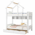 Kinder-Etagenbett aus Kiefernholz, mit Schubladen und Regal, weiße Hausbett-Optik, inklusive Fallschutz und Leiter, 90x200 cm