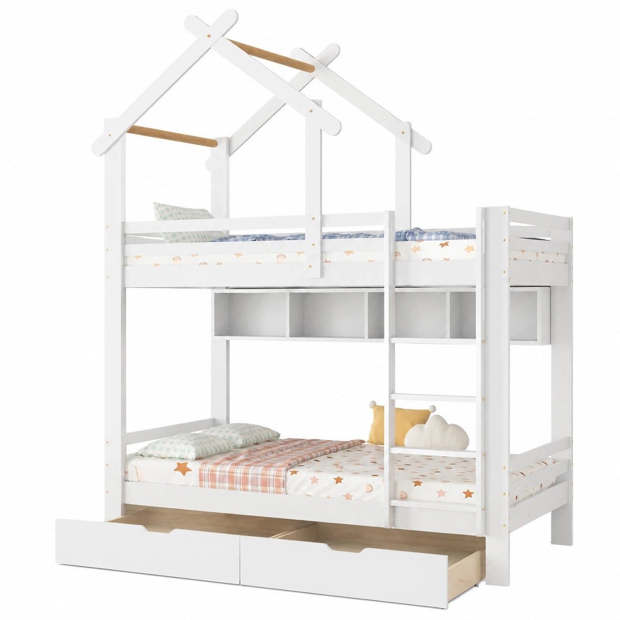 Kinder-Etagenbett aus Kiefernholz, mit Schubladen und Regal, weiße Hausbett-Optik, inklusive Fallschutz und Leiter, 90x200 cm