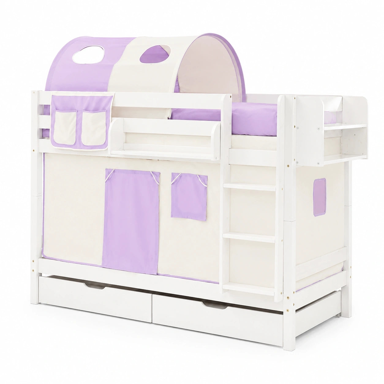 TiCAA Doppelstockbett für Kinder mit Treppe und Vorhang, Kieferholz, weiß, 90x200 cm
