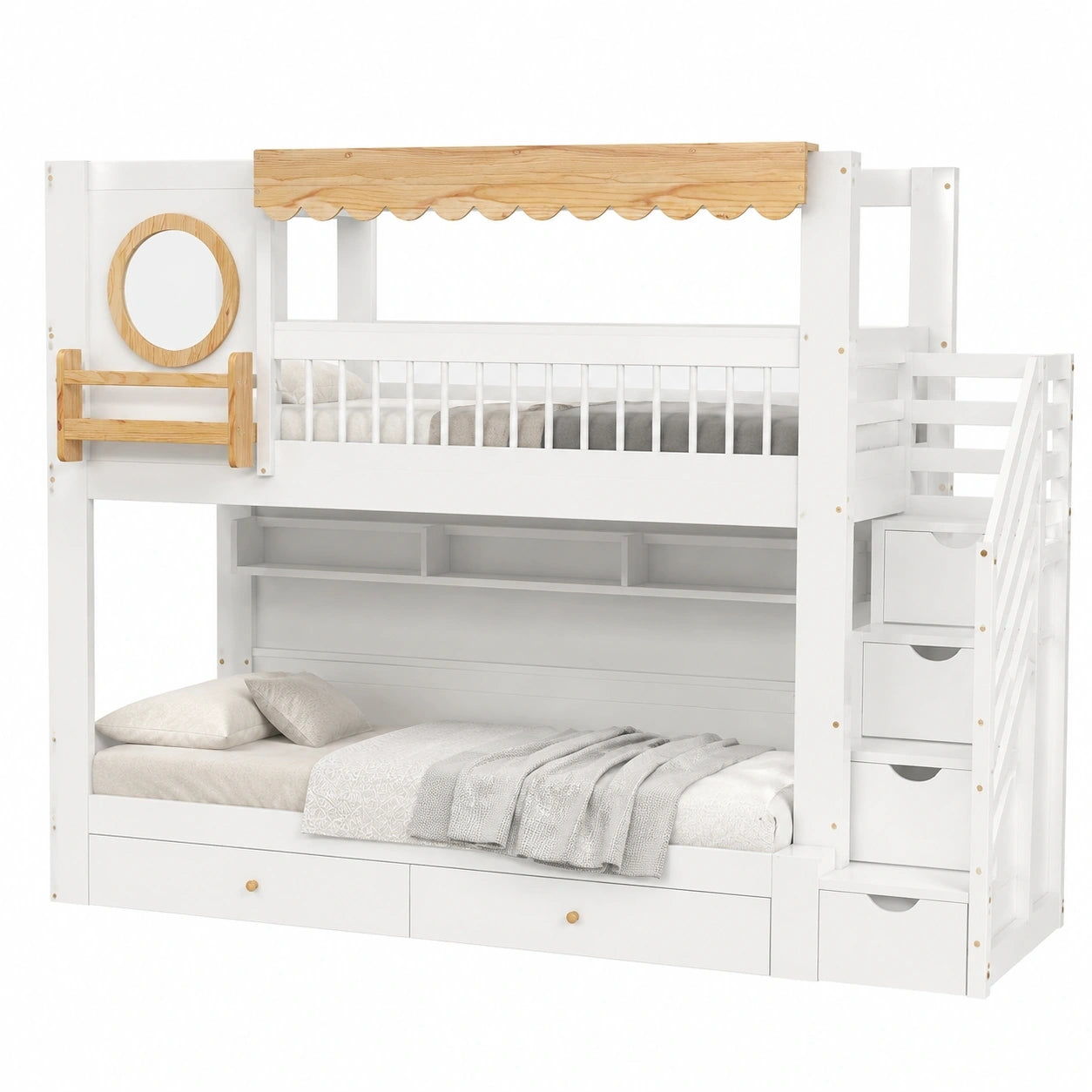 Etagenbett für Kinder mit Treppenschrank und Rollen-Schubladen, 90x200 cm