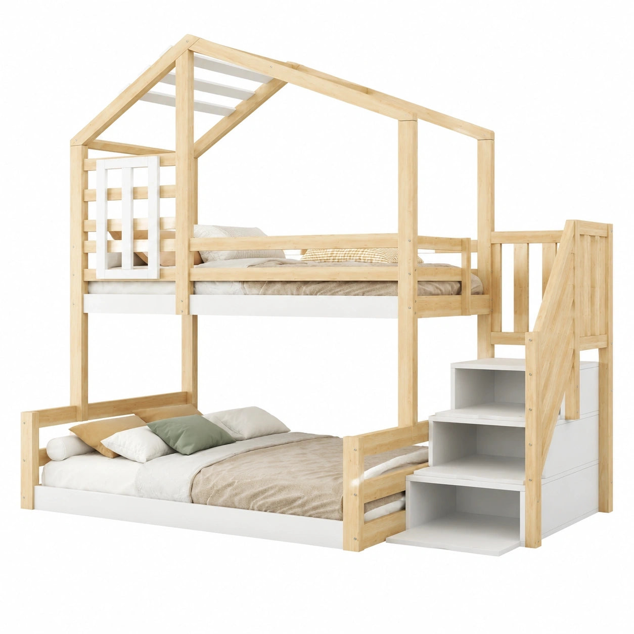 Kinderhausbett mit Stauraum und Rausfallschutz, Hochbett für 2 Kinder, Naturholz