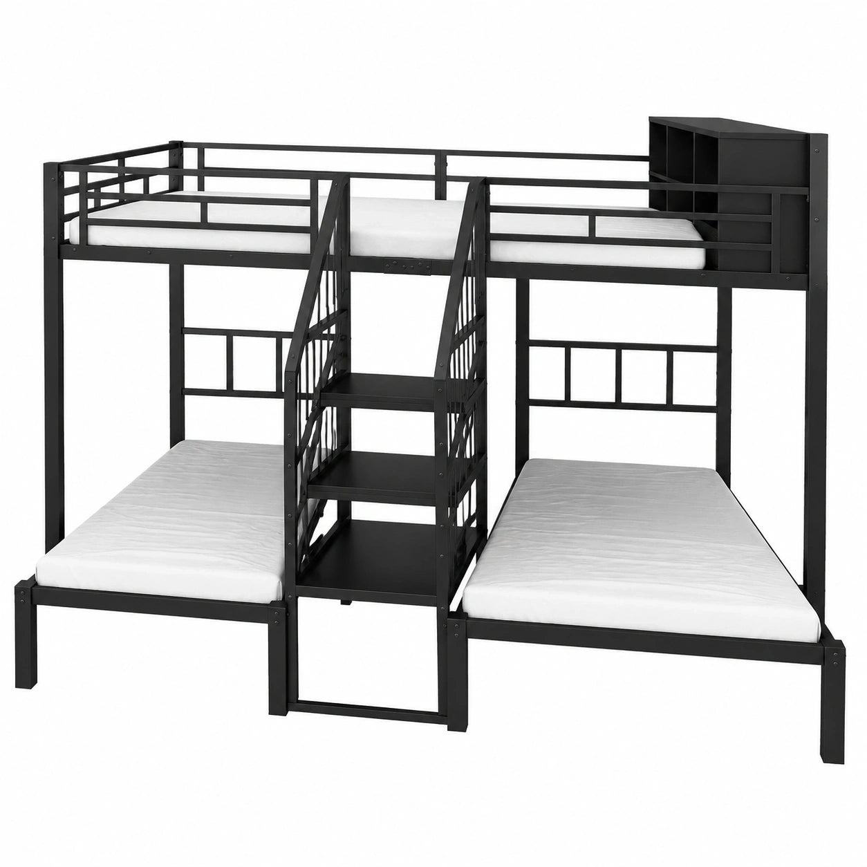 Metall-Etagenbett mit 3 Schlafplätzen, Treppe mit Geländer, stabiler Rahmen, Stauraum, schwarz, 90x200cm & 140x200cm