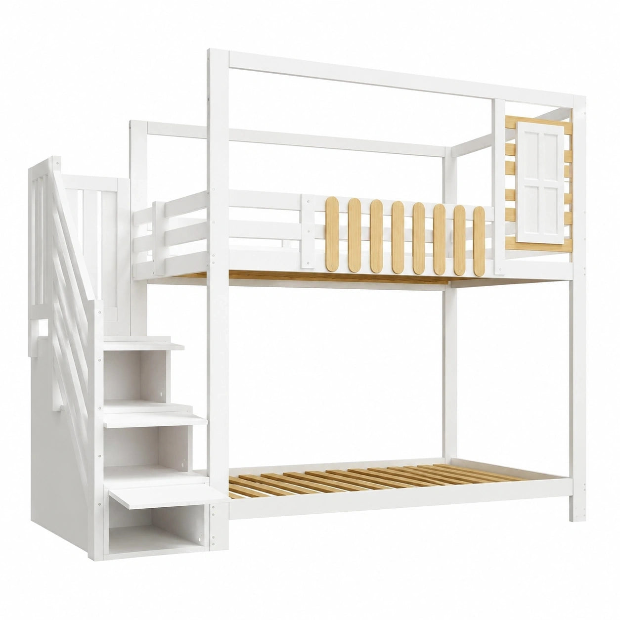 Hochbett für Kinder 90x200 cm mit Stauraum, Treppe und Fenster, Massivholzbett mit Lattenrost und Regal, Hausdesign in Weiß ohne Matratze