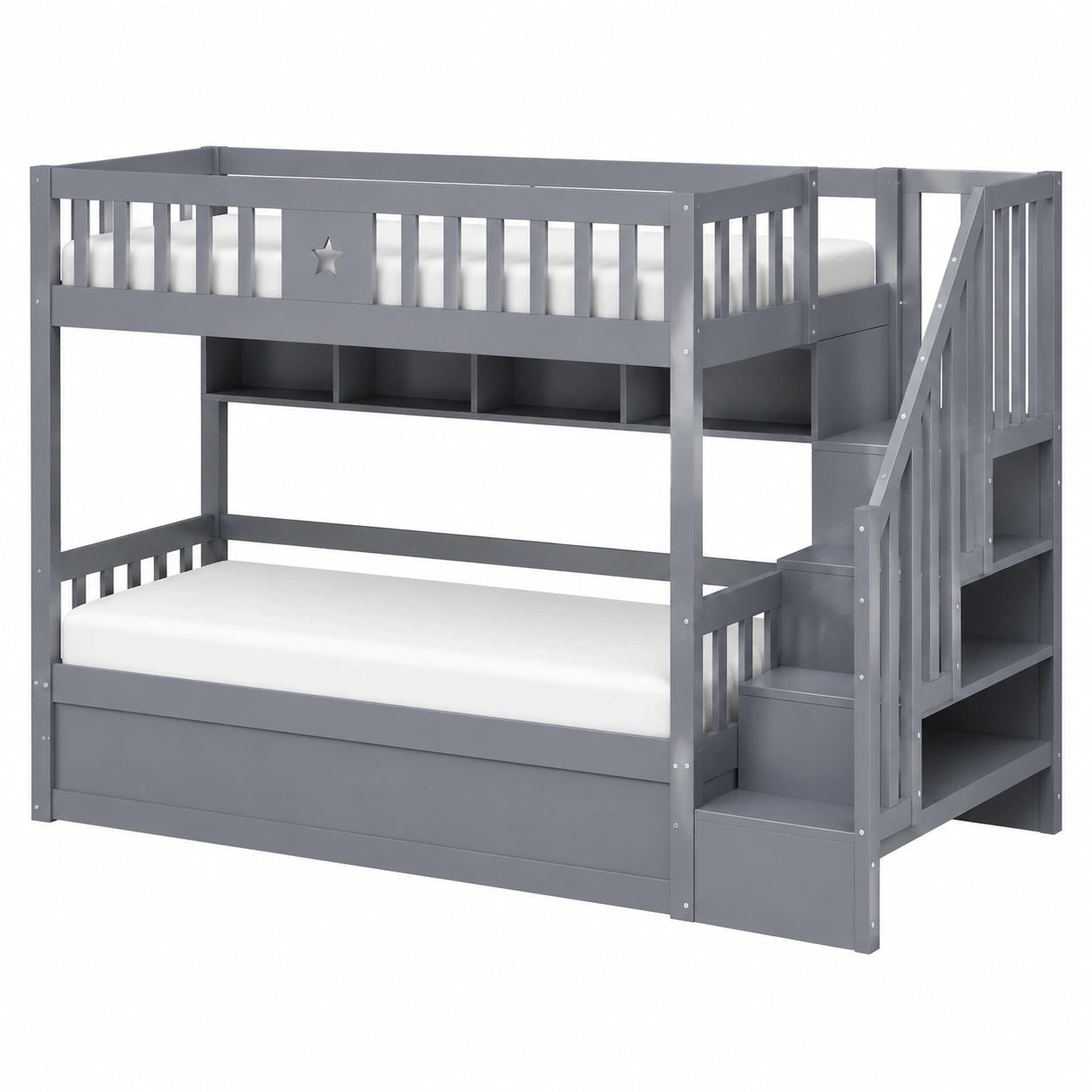 Lcoho Multifunktionales Holzbett 90x200 cm mit Stauraumtreppe und Regalen - Hochbett für Jugendliche in Grau