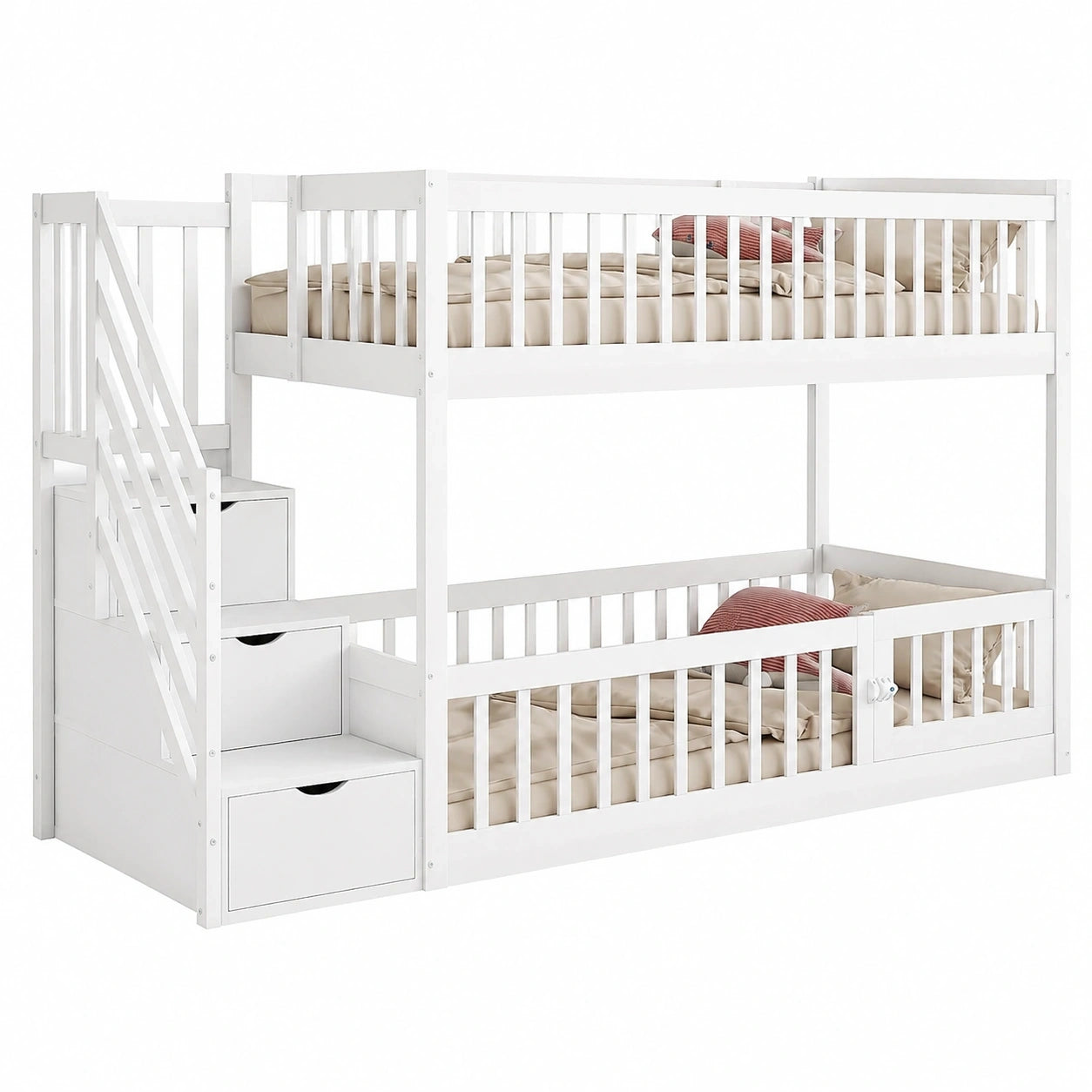 Massivholz Etagenbett für Kinder, 90x200 cm, mit Treppe, Schubladen & Rausfallschutz, Weiß