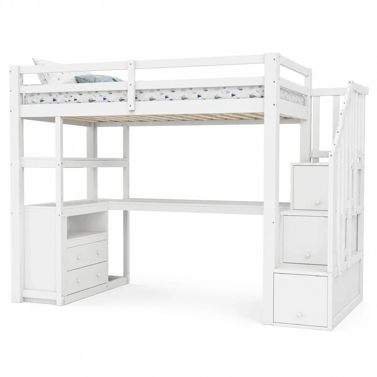 Multifunktionales Hochbett für Kinder mit Treppe und Schreibtisch, 90x200 cm, Weiß