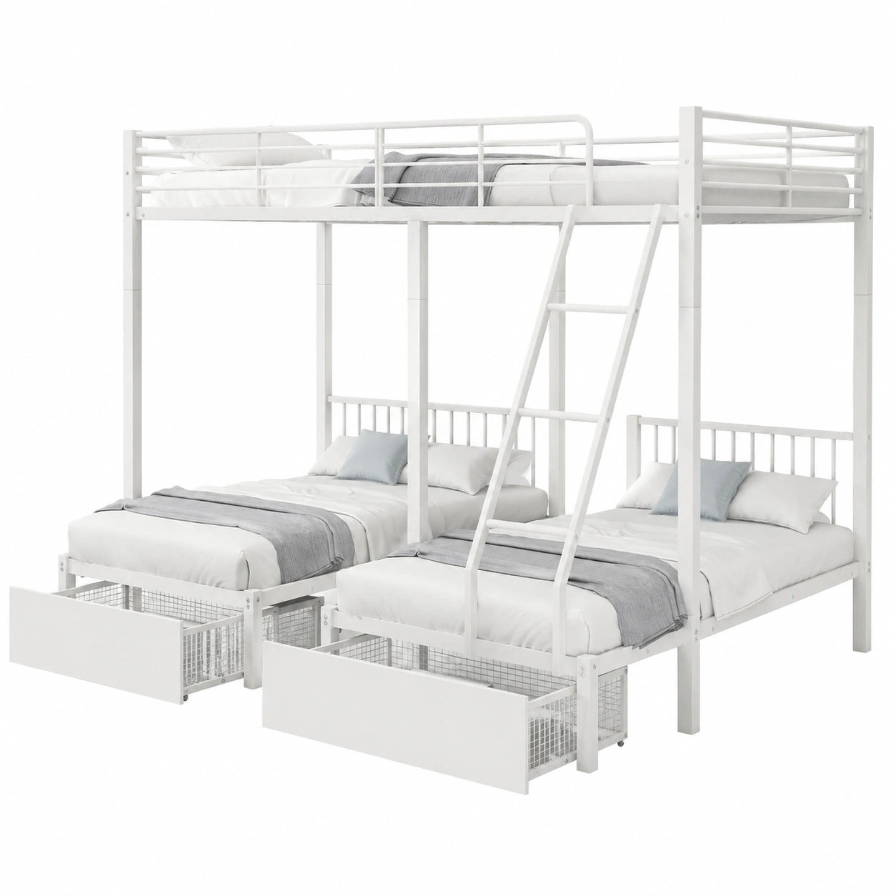 Merax Doppelstockbett für 3 Personen mit Stauraum und Sicherheitsleiter, Metall-Kinderbett 90/140x200cm, Weiß