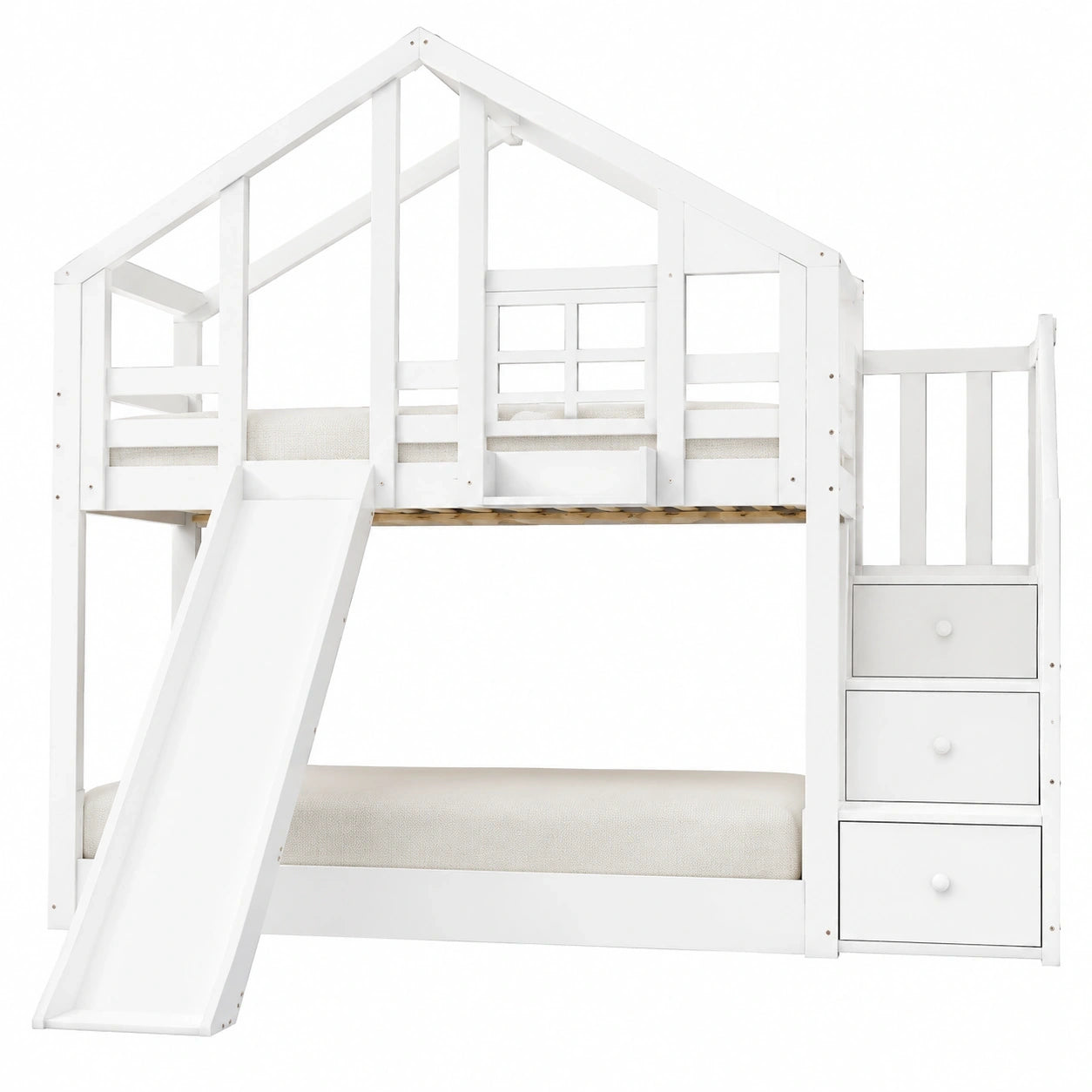 Merax Etagenbett für Kinder 90x200 cm mit Rutsche und Stauraum, Treppe, Lattenrost, Schutzelemente, Fenster, ideal für zwei Kinder, Weiß