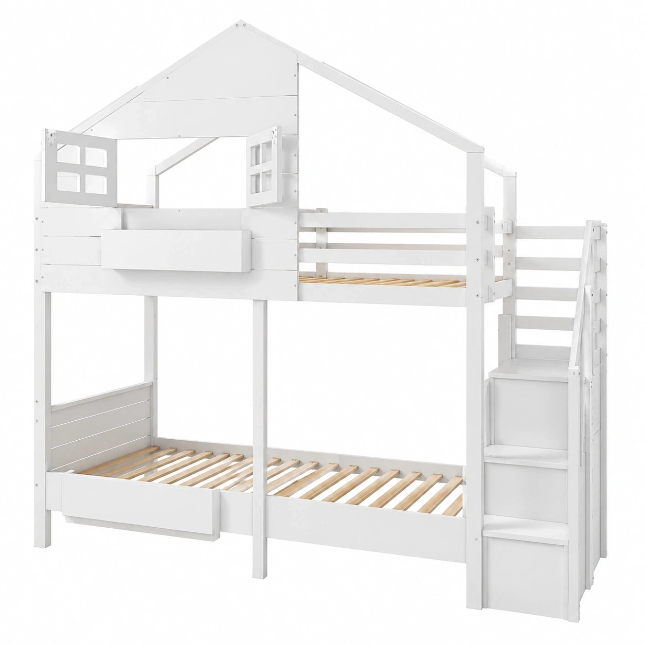 Massivholzetagenbett 90x200 cm mit Stauraumtreppe und Sicherheitsgeländer, Weiß