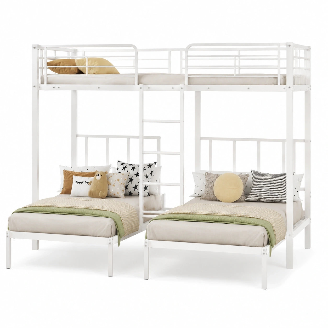 Moimhear Dreifaches Etagenbett für Kinder und Jugendliche, Metallbett mit Sicherheitsgitter und Tisch, Weiß, 90x200cm